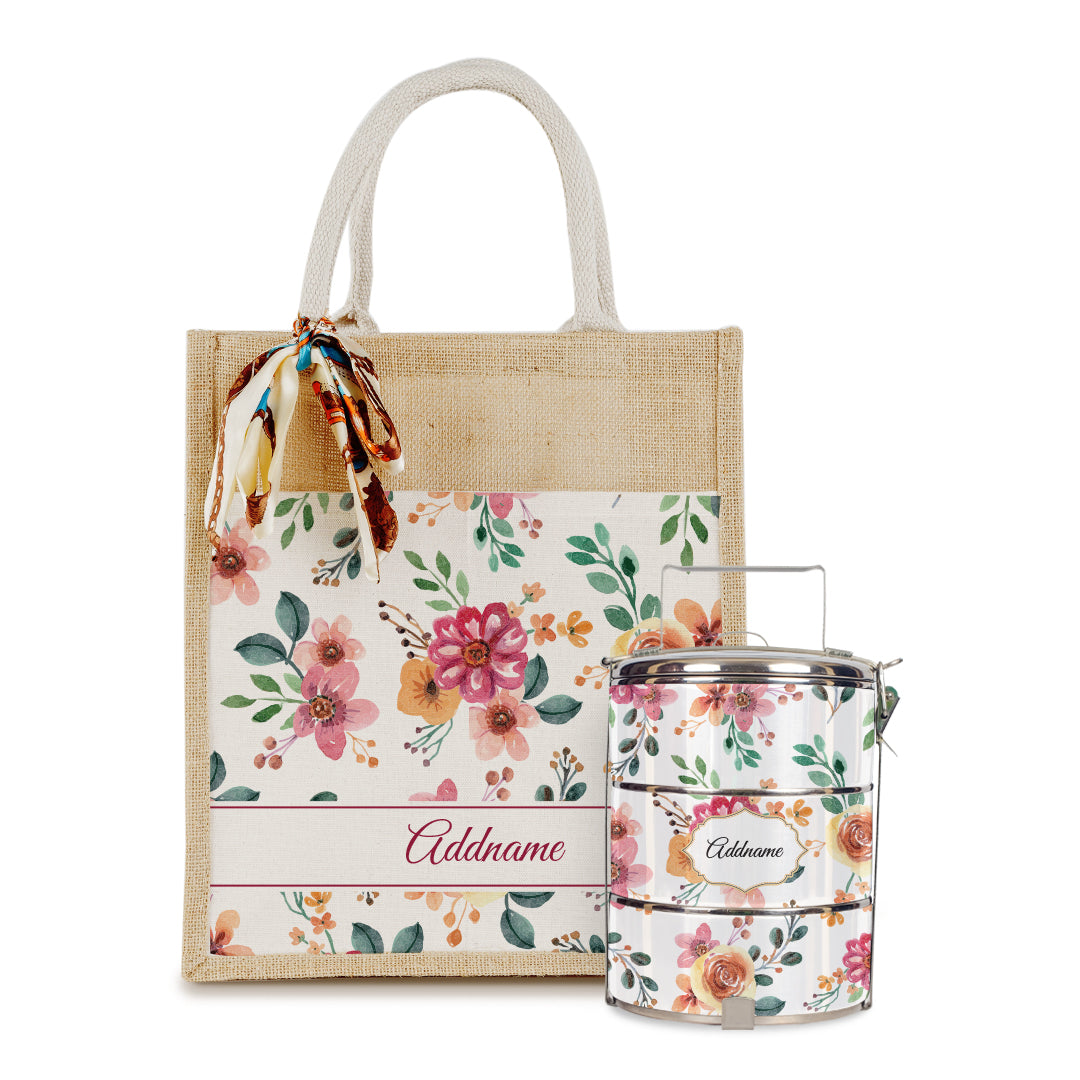 Laura Series - Garnet Colorful Jute Bag with Tiffin Carrier Set