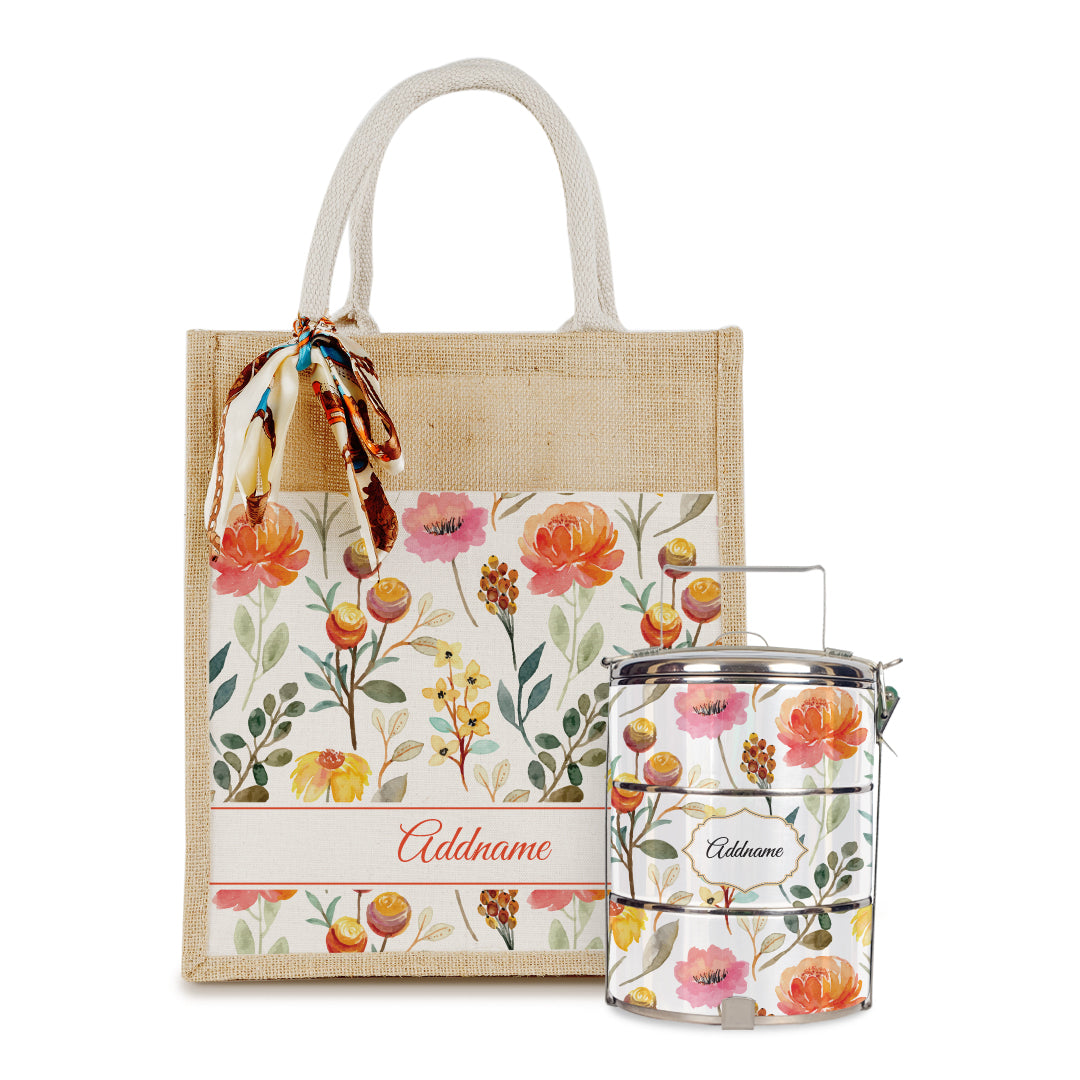 Laura Series - Carnelian Colorful Jute Bag with Tiffin Carrier Set