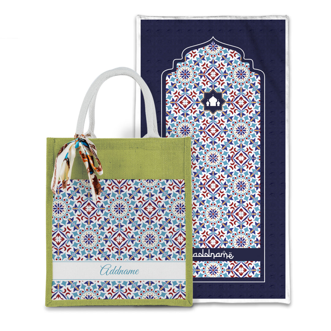Arabesque Agean Blue Sejadah with Matching Colourful Jute Bag