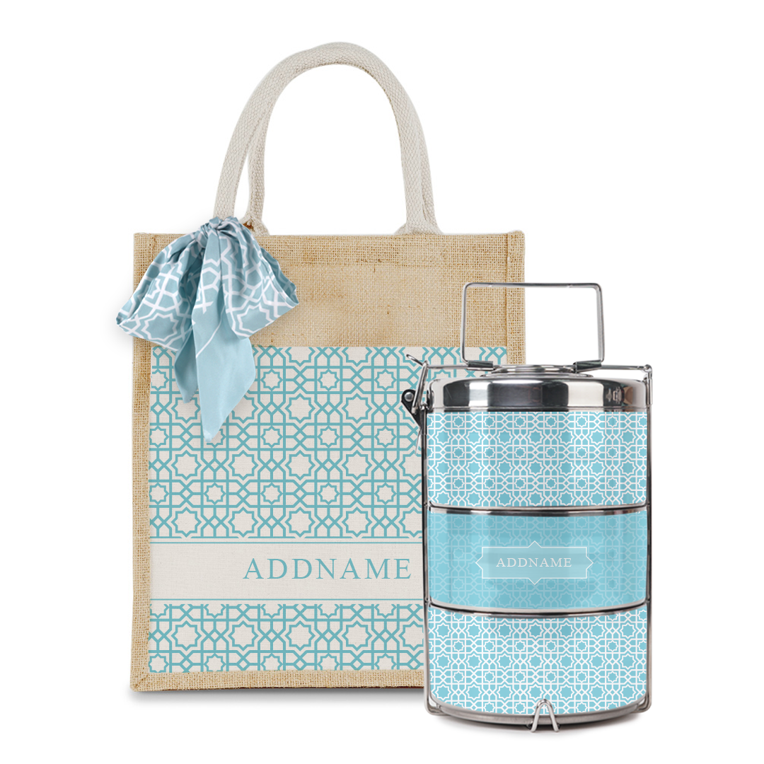 Annas Series - Sky Blue Colorful Jute Bag with Front Pocket with Tiffin Carrier Set