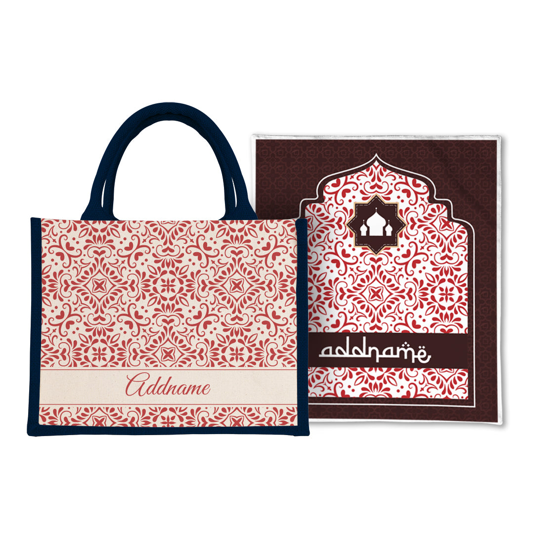Arabesque Rosette Sejadah Prayer Mat with Half Lining Small Jute Bag Bundle