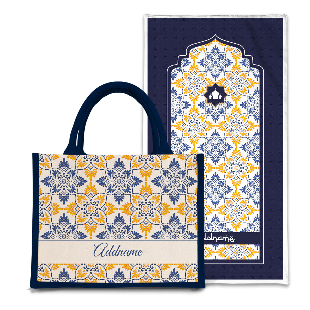 Arabesque Butter Blue Sejadah Prayer Mat with Half Lining Small Jute Bag Bundle