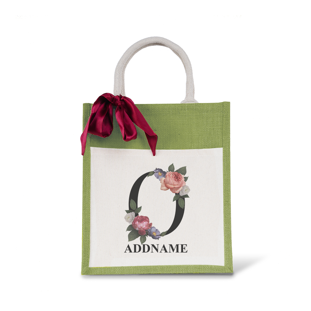 Myra Floral Series Olive Green Colourful Jute Bag With Front Pocket