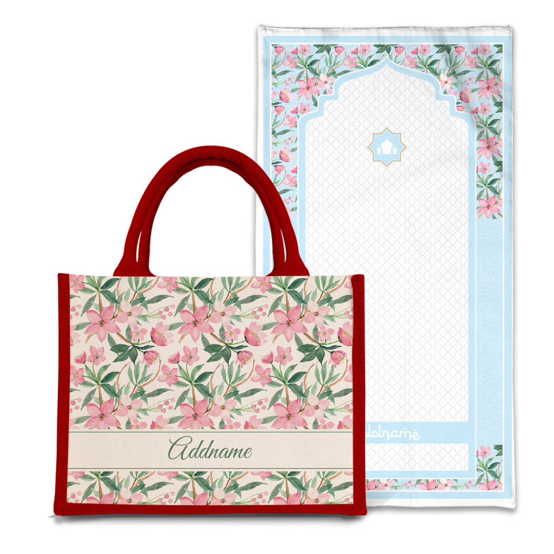 Blossom Sejadah Prayer Mat with Half Lining Small Jute Bag Bundle