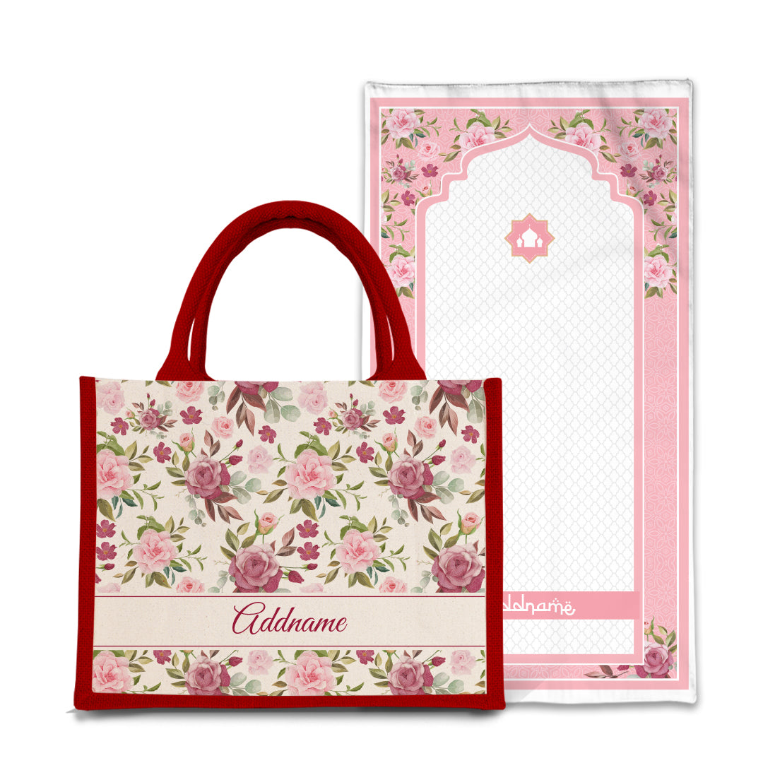 Ruby Sejadah Prayer Mat with Half Lining Small Jute Bag Bundle