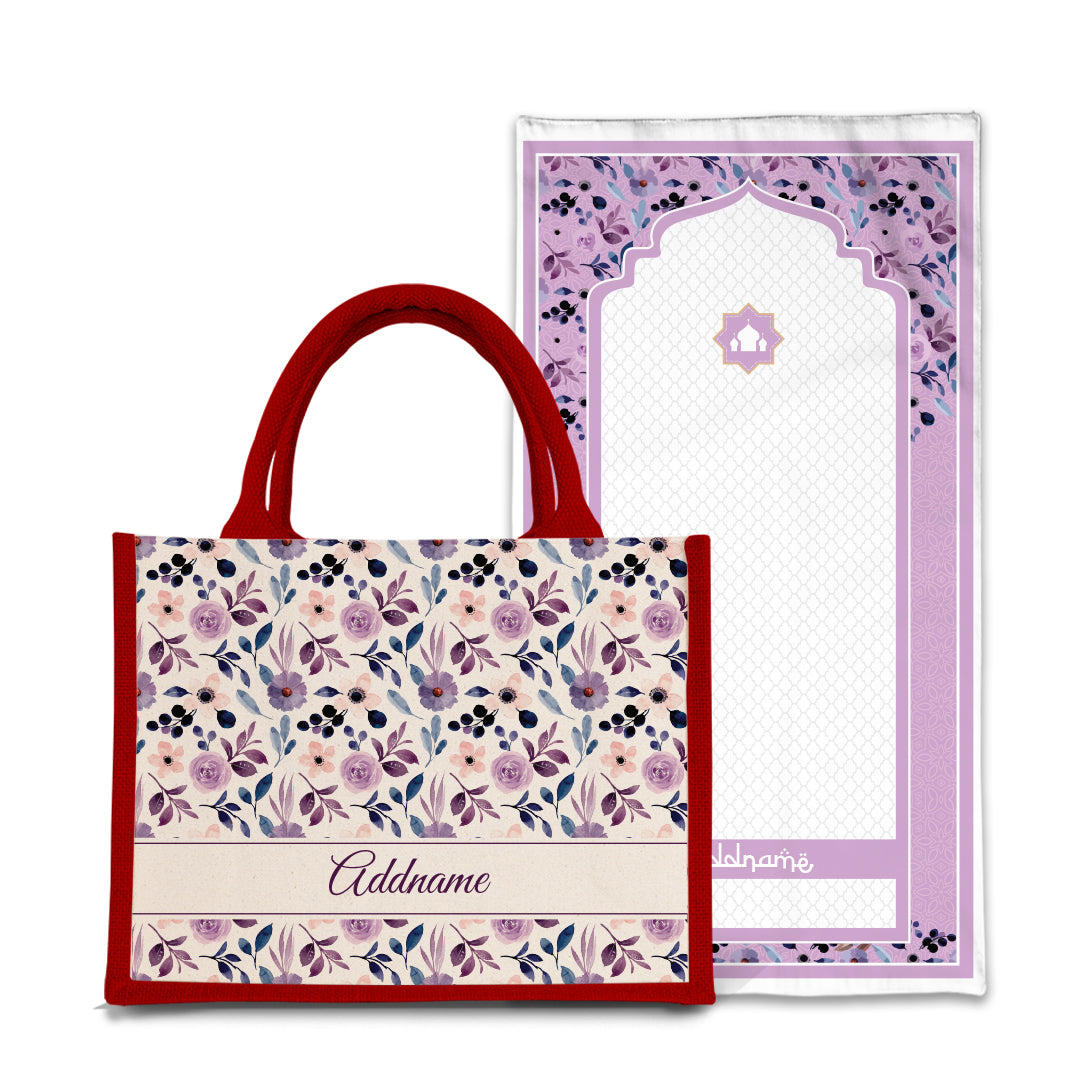 Violet Sejadah Prayer Mat with Half Lining Small Jute Bag Bundle