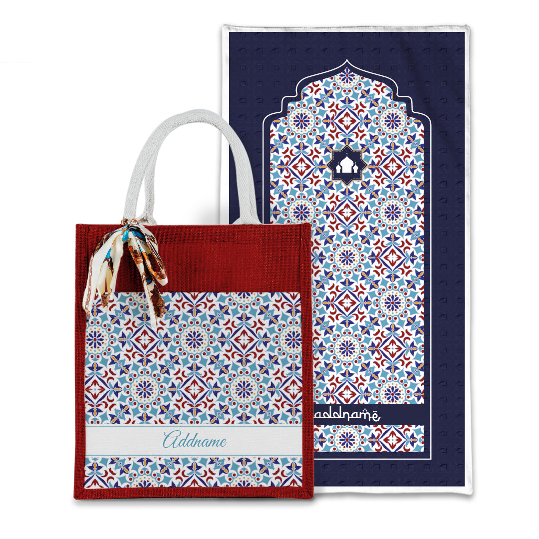 Arabesque Agean Blue Sejadah with Matching Colourful Jute Bag