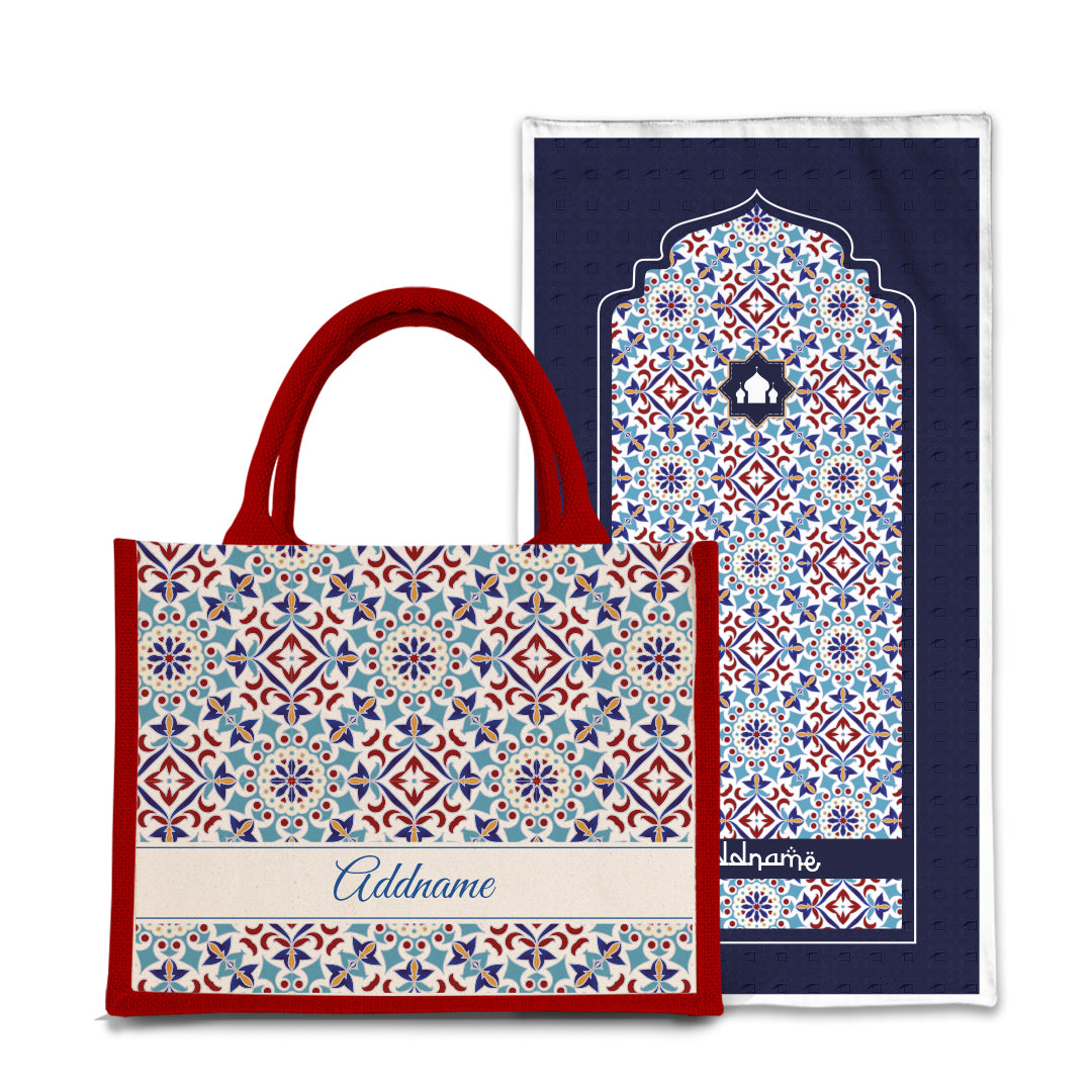 Arabesque Agean Blue Sejadah Prayer Mat with Half Lining Small Jute Bag Bundle
