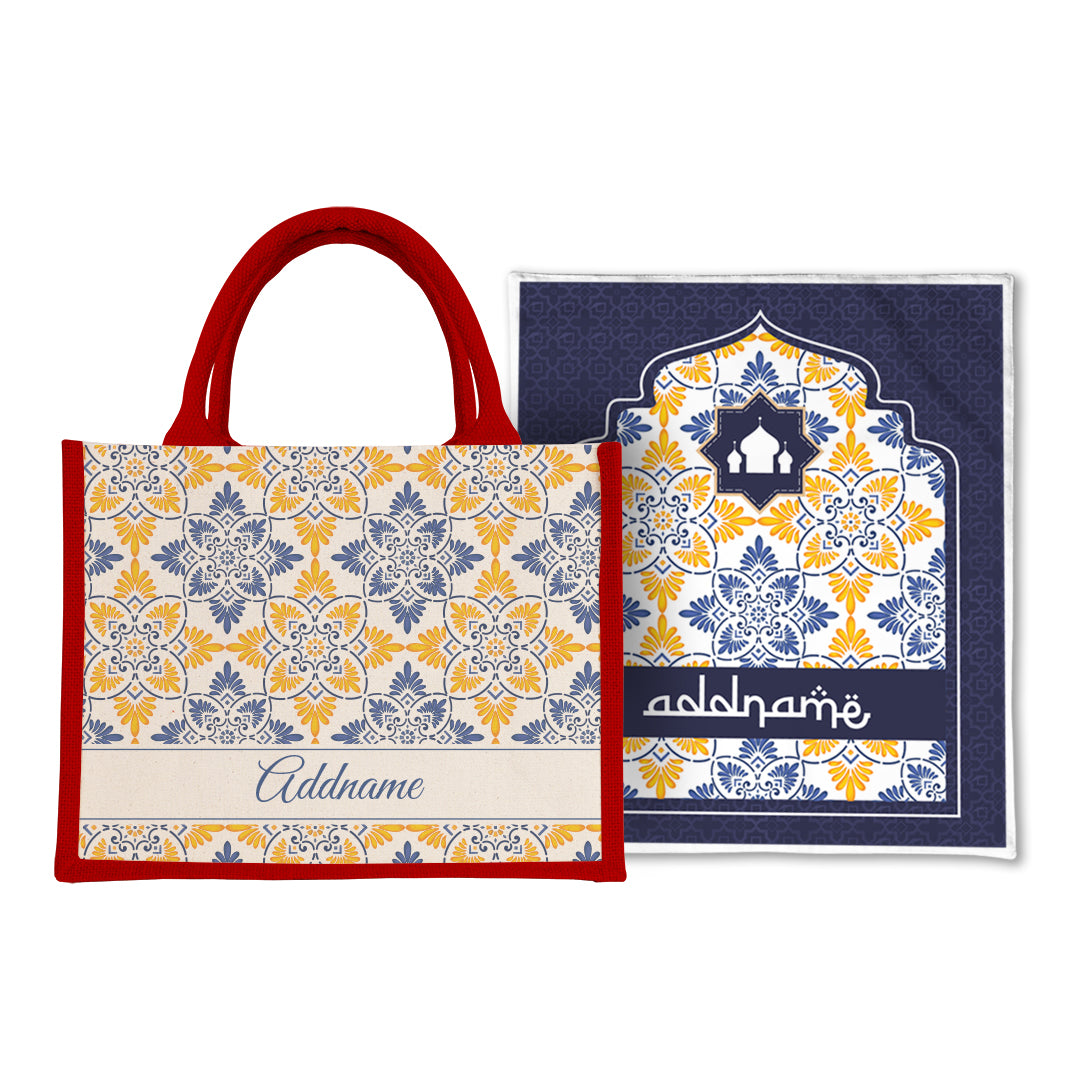 Arabesque Butter Blue Sejadah Prayer Mat with Half Lining Small Jute Bag Bundle
