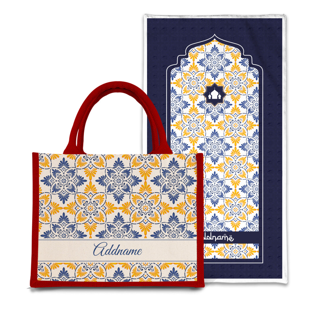 Arabesque Butter Blue Sejadah Prayer Mat with Half Lining Small Jute Bag Bundle