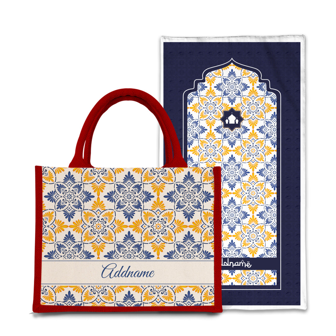 Arabesque Butter Blue Sejadah Prayer Mat with Half Lining Small Jute Bag Bundle
