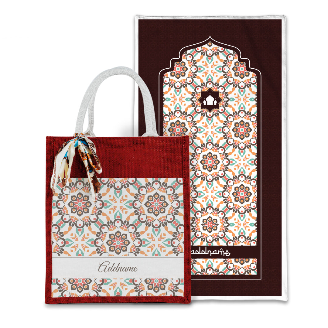 Arabesque Geo Brown Sejadah with Matching Colourful Jute Bag
