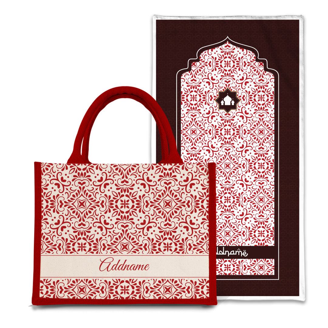 Arabesque Rosette Sejadah Prayer Mat with Half Lining Small Jute Bag Bundle