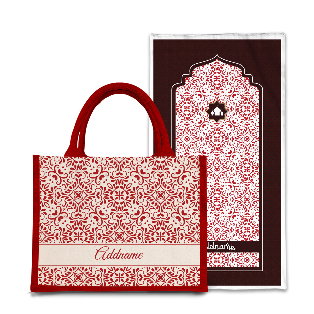 Arabesque Rosette Sejadah Prayer Mat with Half Lining Small Jute Bag Bundle