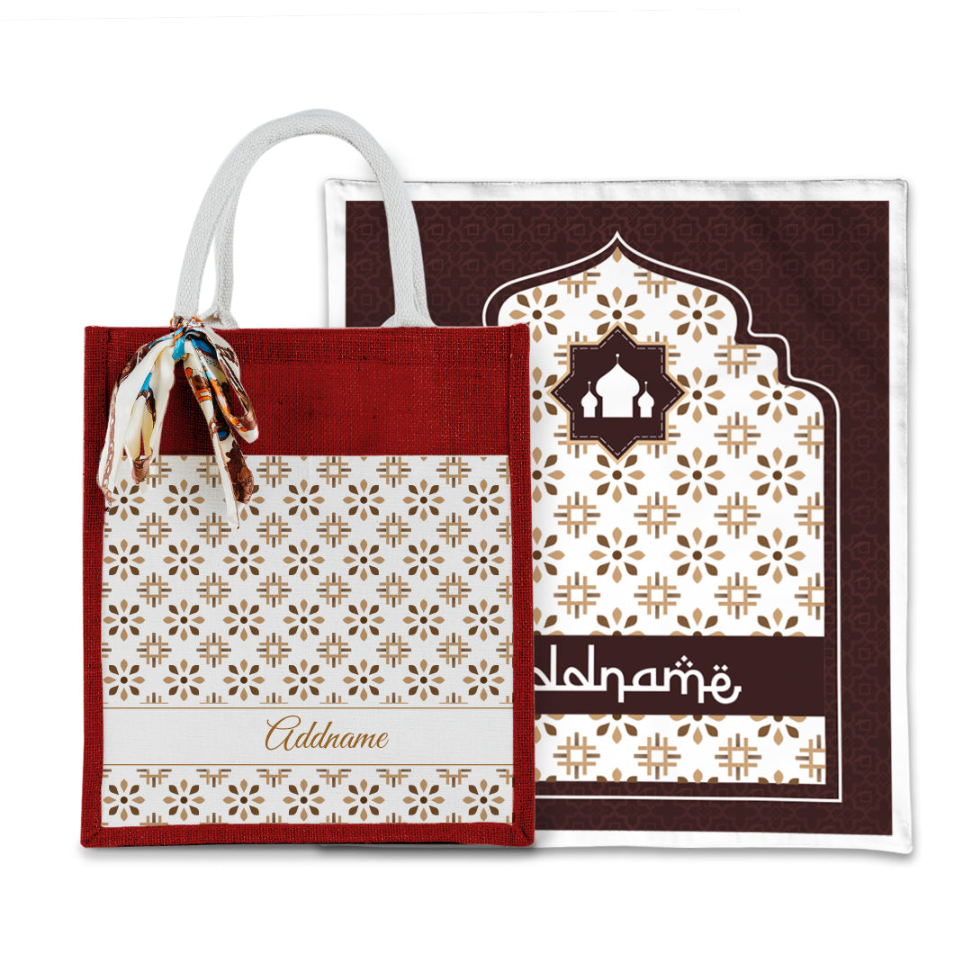Arabesque Tawny Brown Sejadah with Matching Colourful Jute Bag