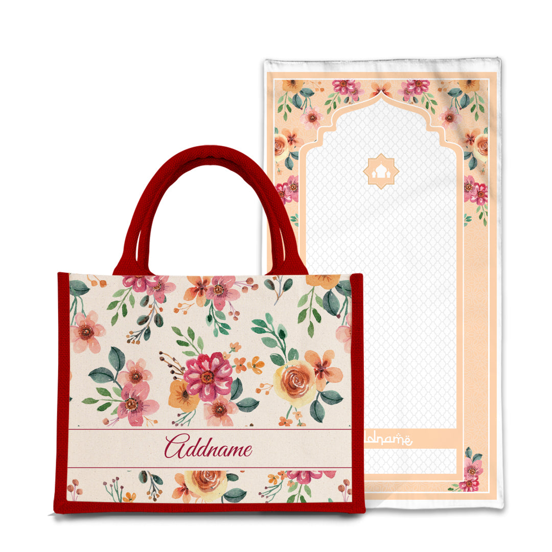 Garnet Sejadah Prayer Mat with Half Lining Small Jute Bag Bundle