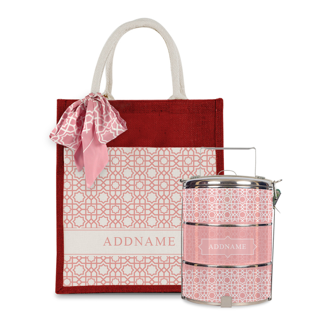 Annas Series - Pastel Peach Colorful Jute Bag with Front Pocket with Tiffin Carrier Set