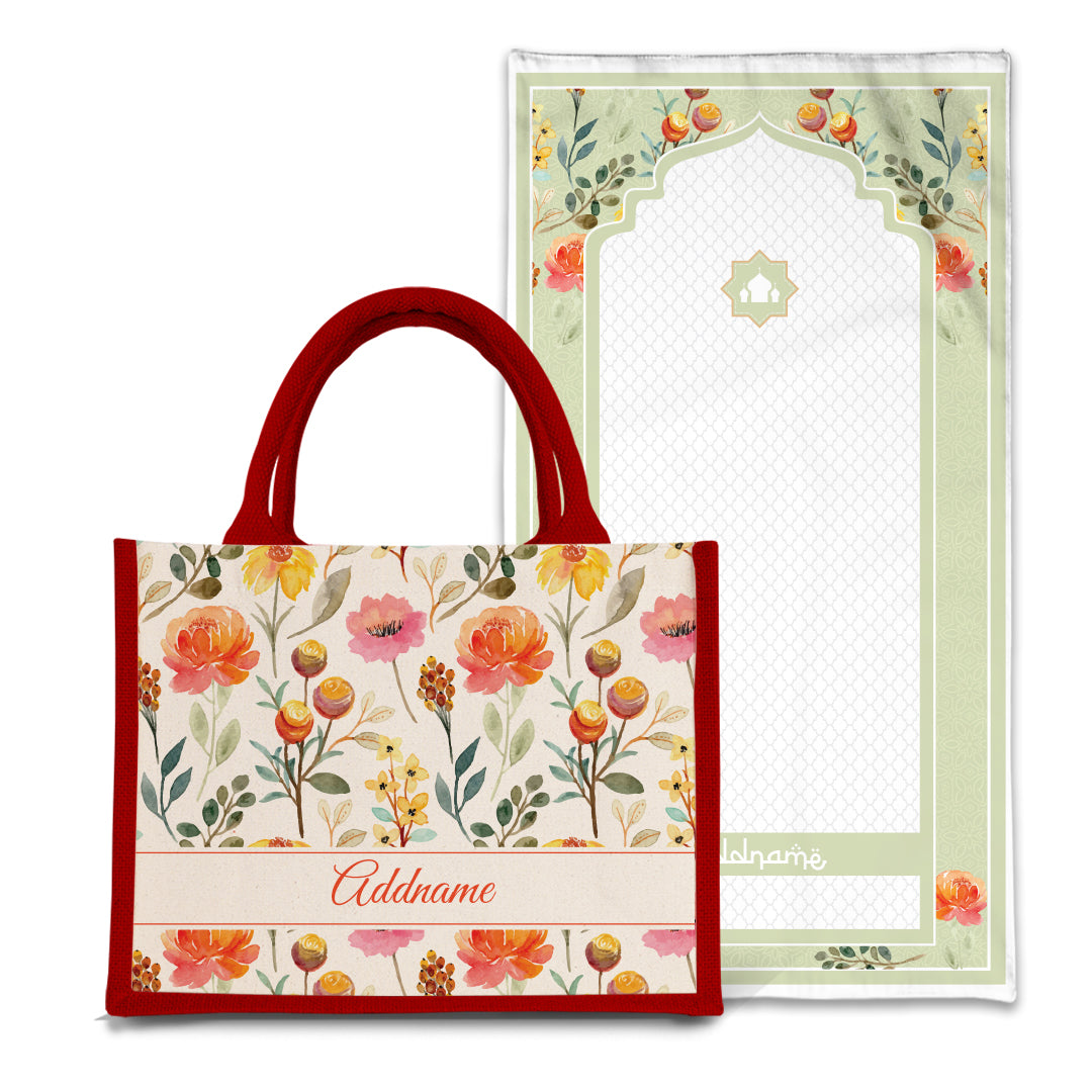 Carnelian Sejadah Prayer Mat with Half Lining Small Jute Bag Bundle