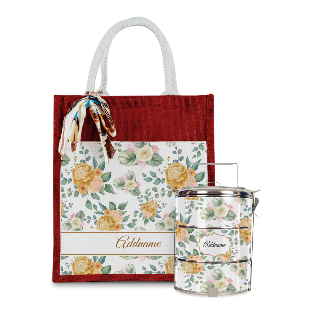 Laura Series - Honey Colorful Jute Bag with Tiffin Carrier Set