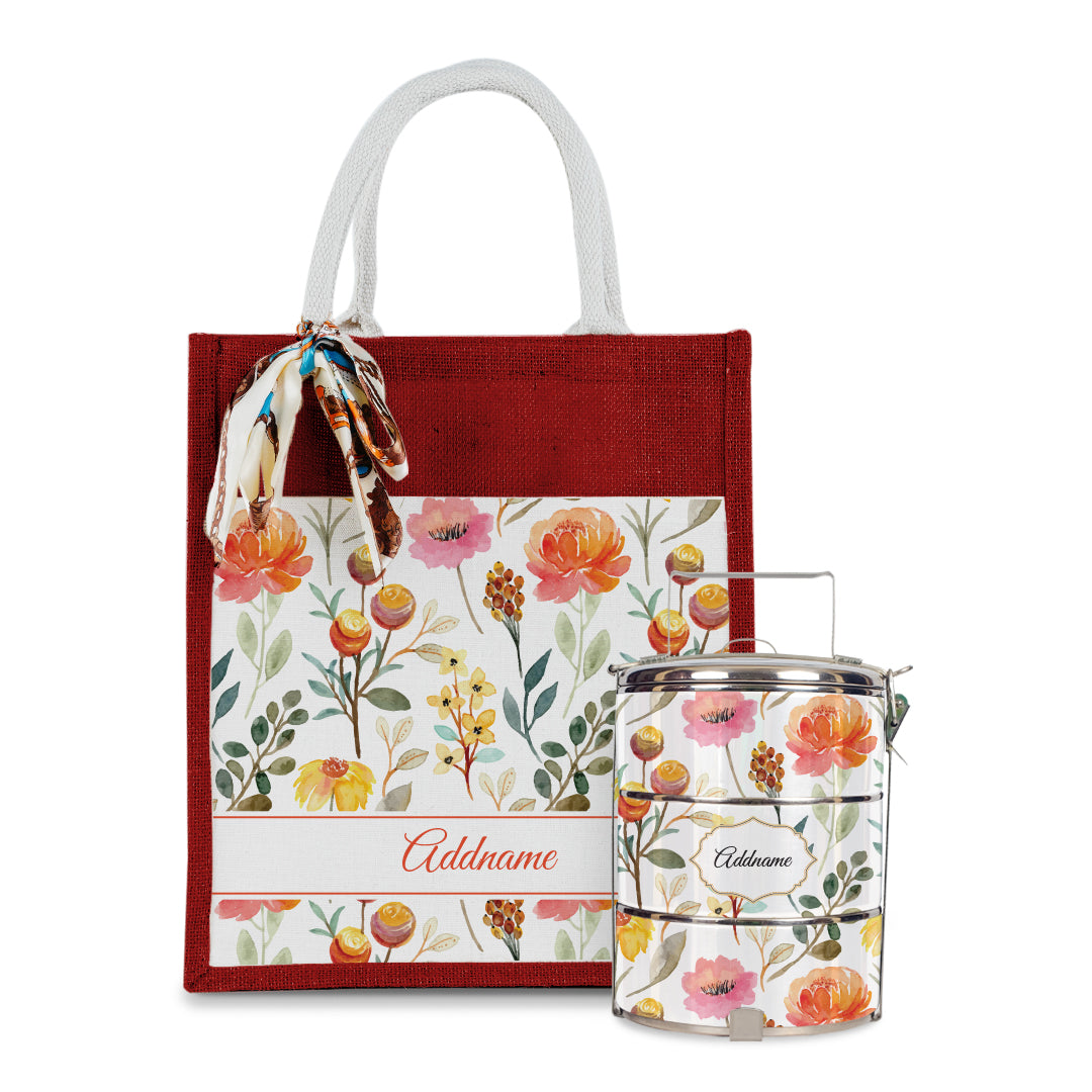 Laura Series - Carnelian Colorful Jute Bag with Tiffin Carrier Set