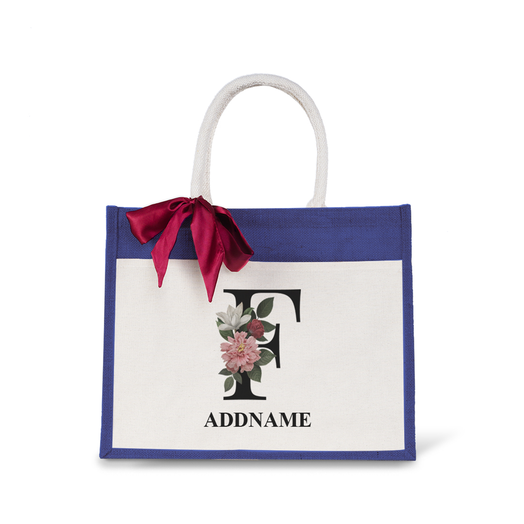 Myra Floral Series Navy Jute Bag with Front Pocket