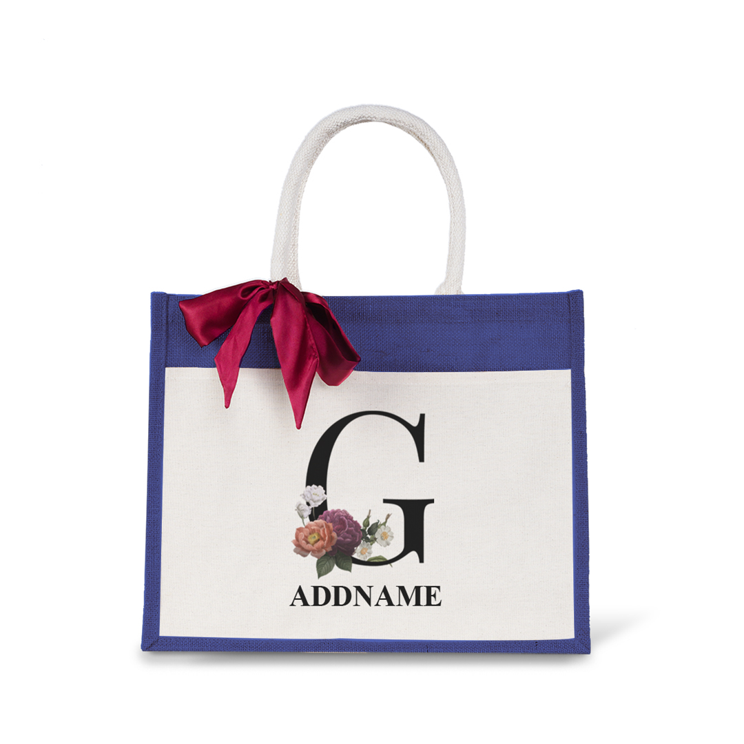 Myra Floral Series Navy Jute Bag with Front Pocket