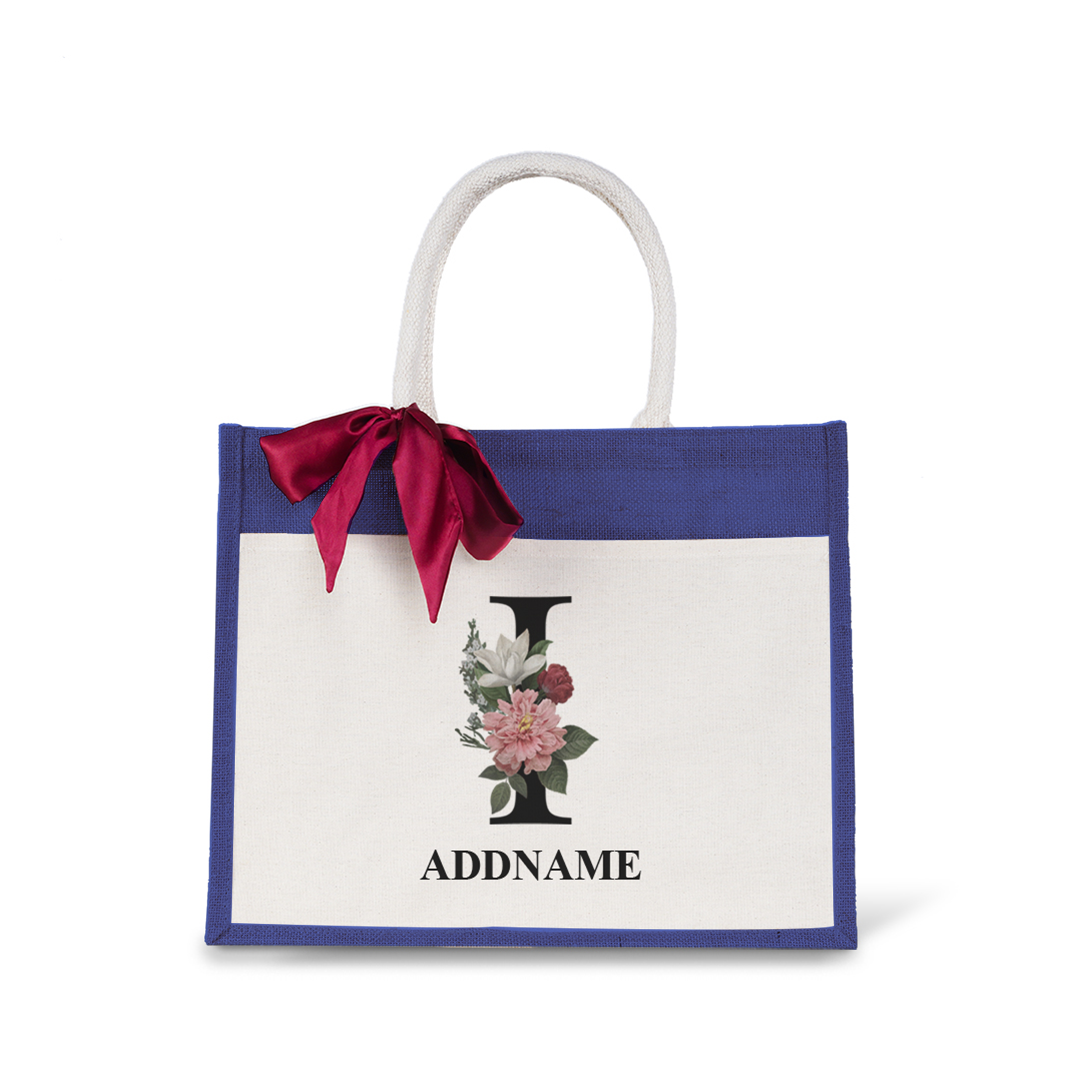 Myra Floral Series Navy Jute Bag with Front Pocket