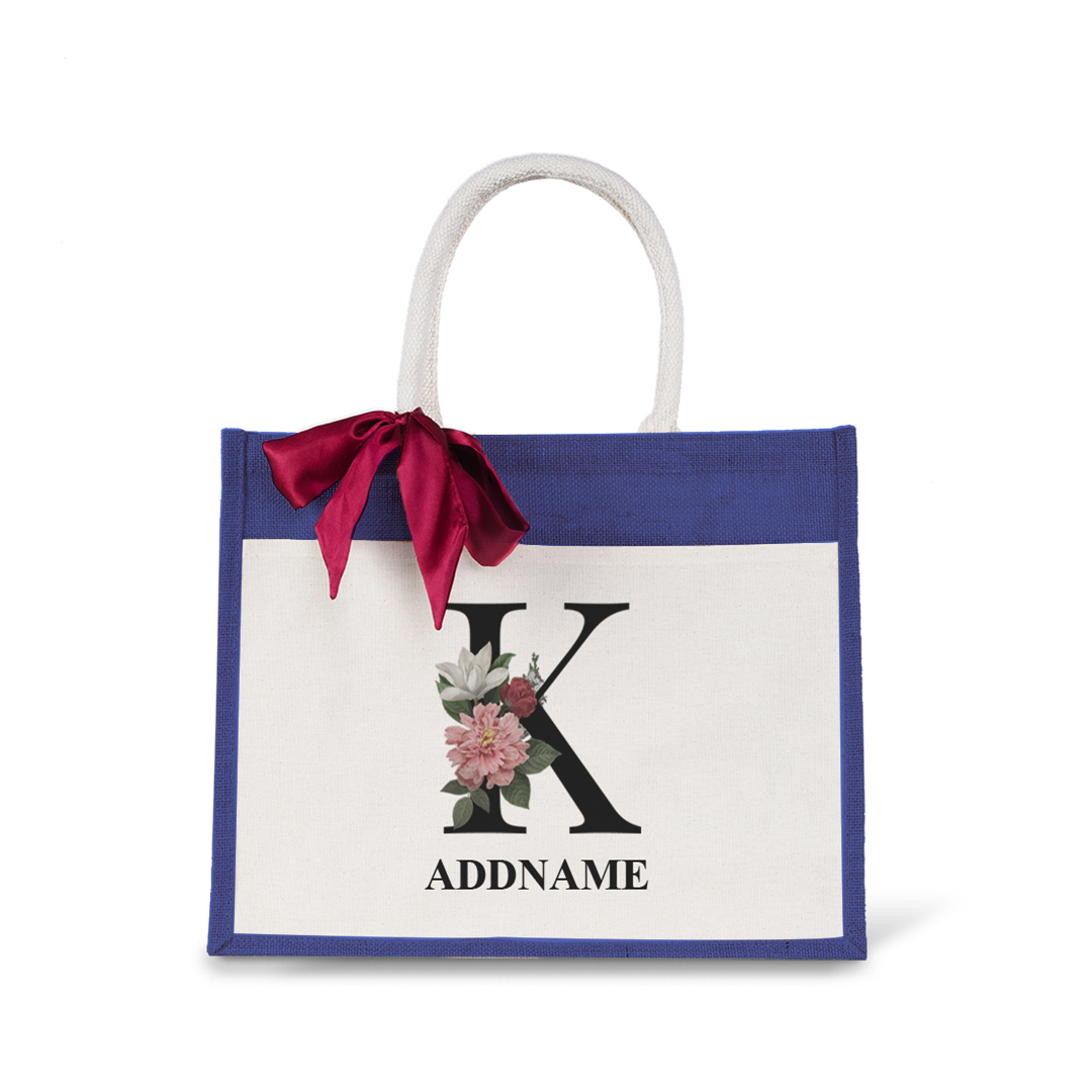 Myra Floral Series Navy Jute Bag with Front Pocket