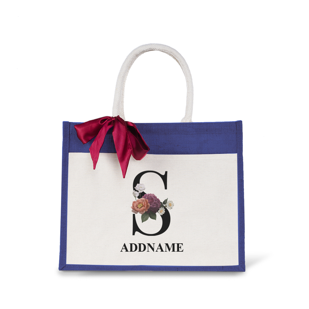 Myra Floral Series Navy Jute Bag with Front Pocket