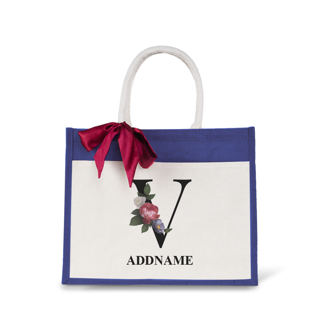 Myra Floral Series Navy Jute Bag with Front Pocket