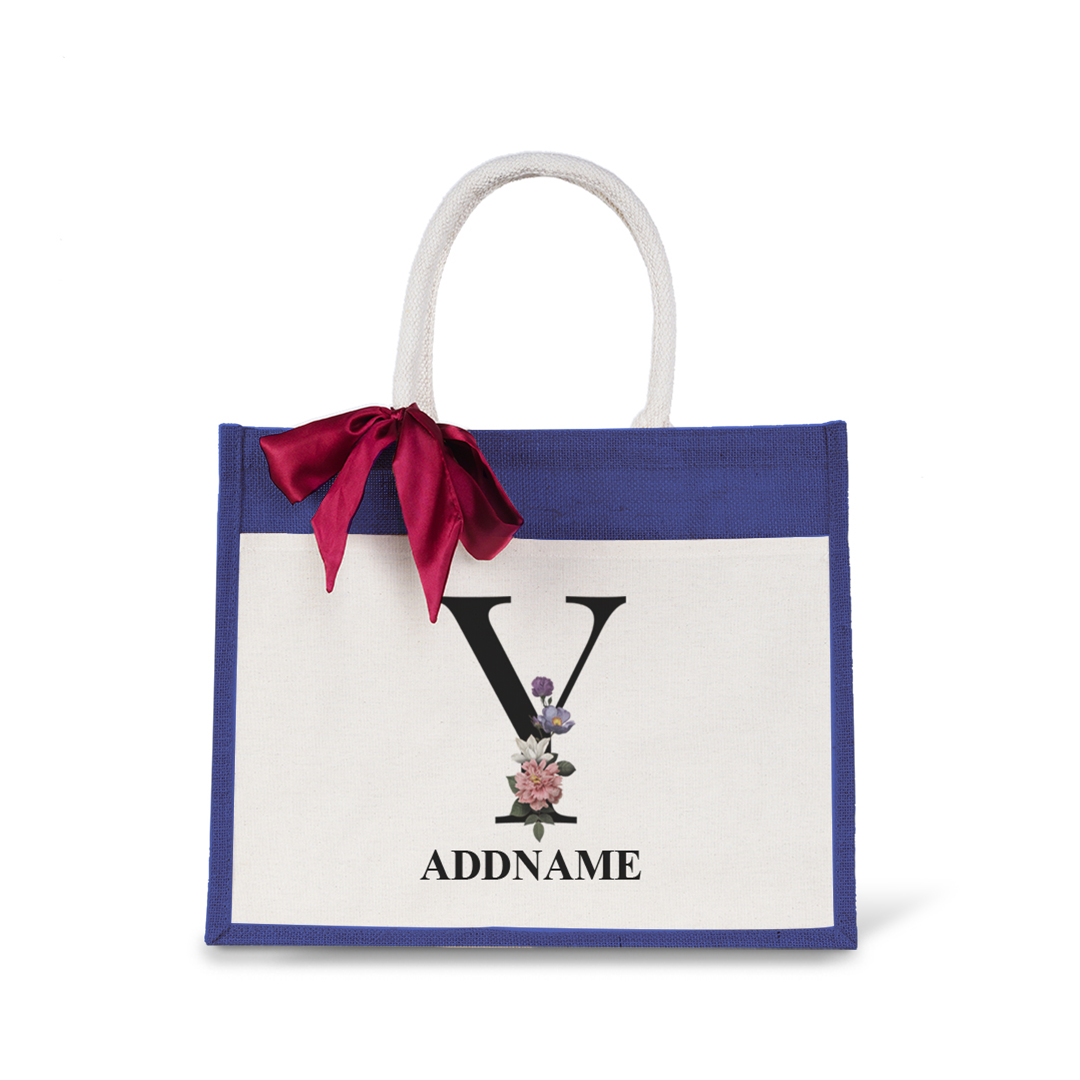 Myra Floral Series Navy Jute Bag with Front Pocket