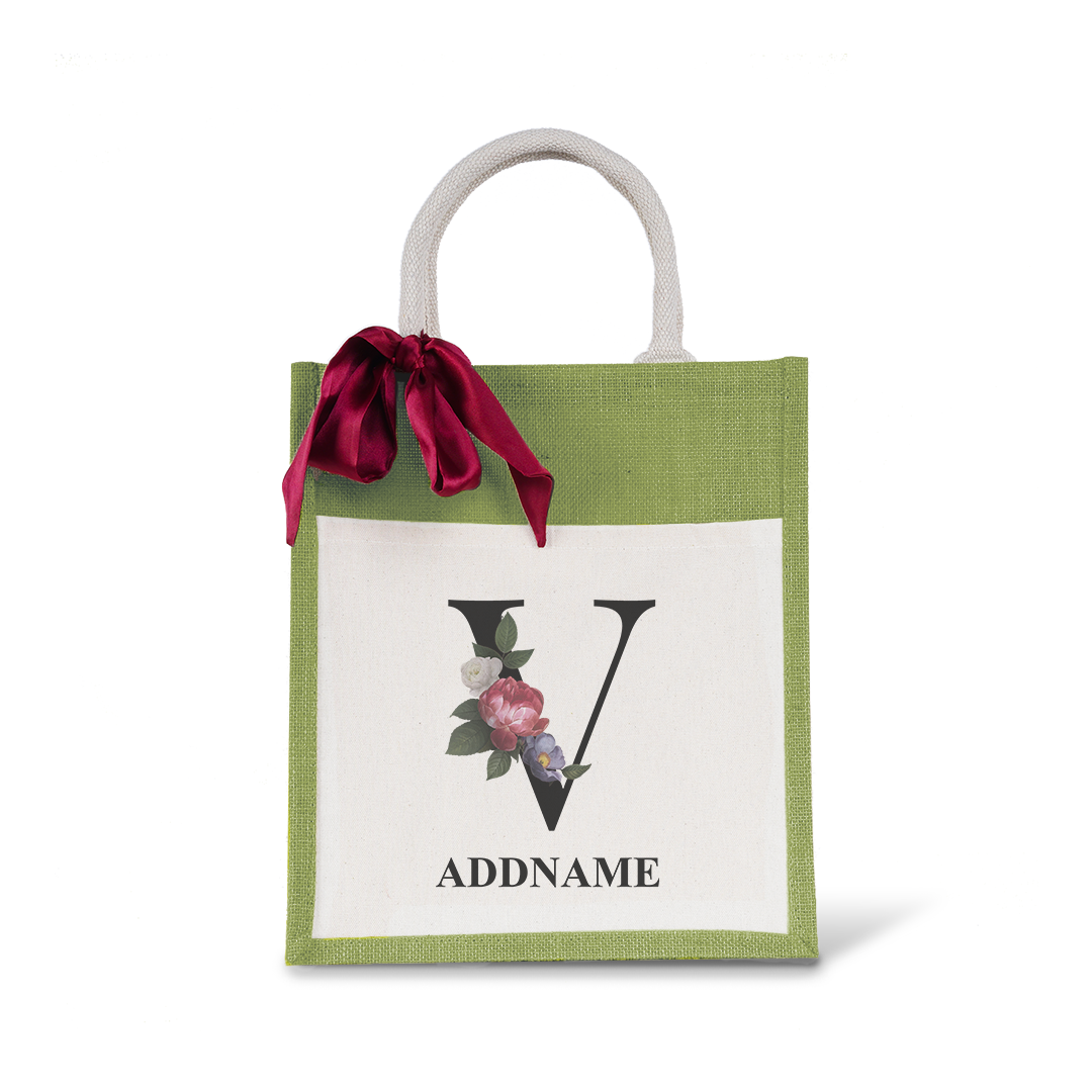 Myra Floral Series Olive Green Colourful Jute Bag With Front Pocket