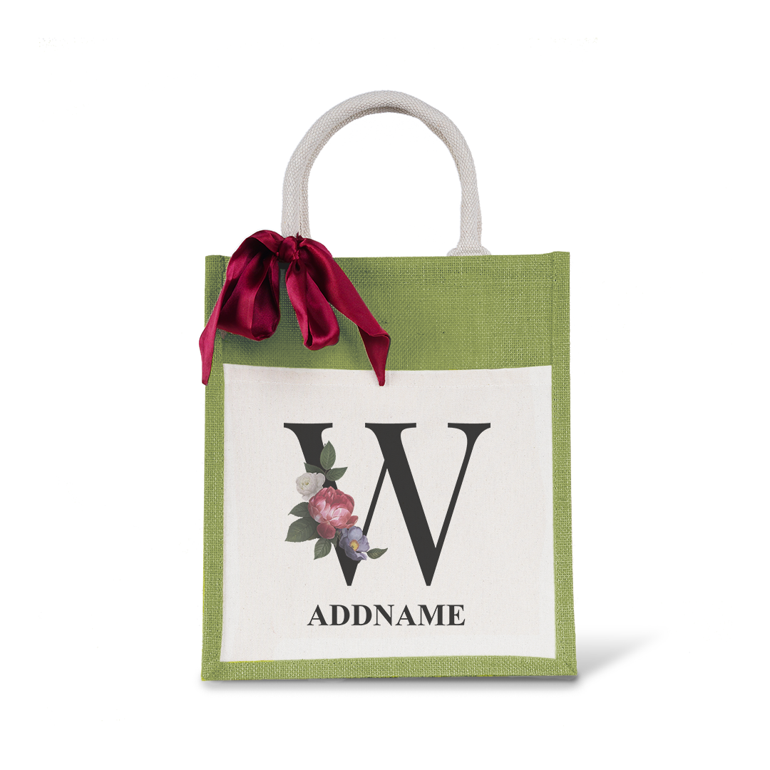 Myra Floral Series Olive Green Colourful Jute Bag With Front Pocket