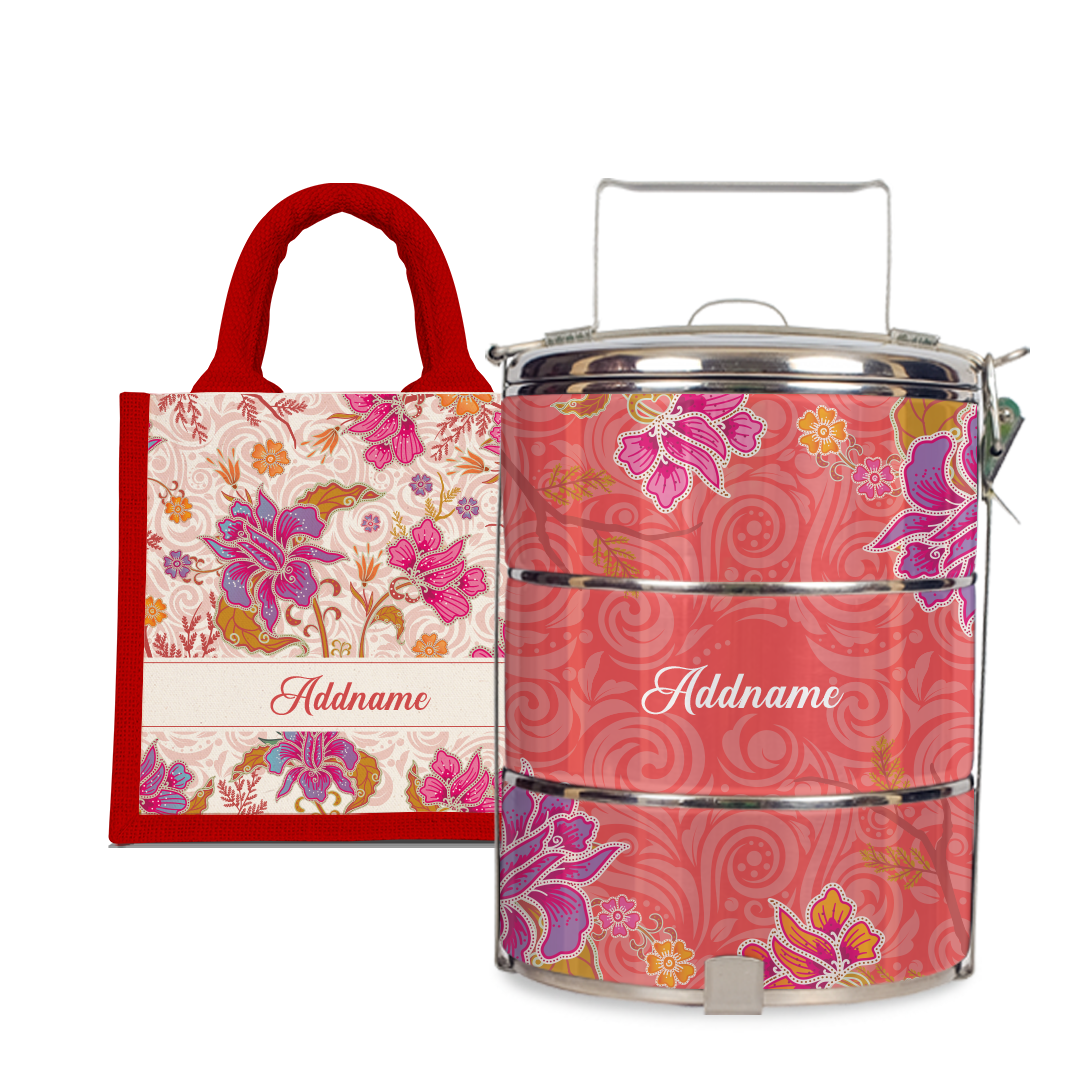 Modern Mahsuri Red - Lunch Tote Bag with Three-Tier Tiffin Carrier