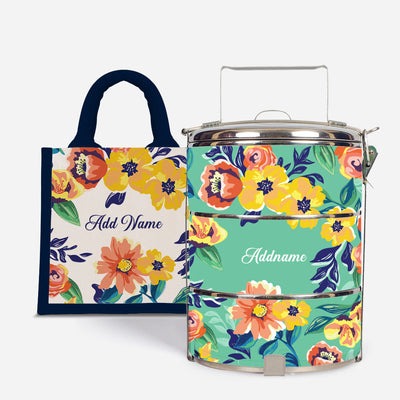 Deborah Series - Teal - Lunch Tote Bag with Three-Tier Tiffin Carrier