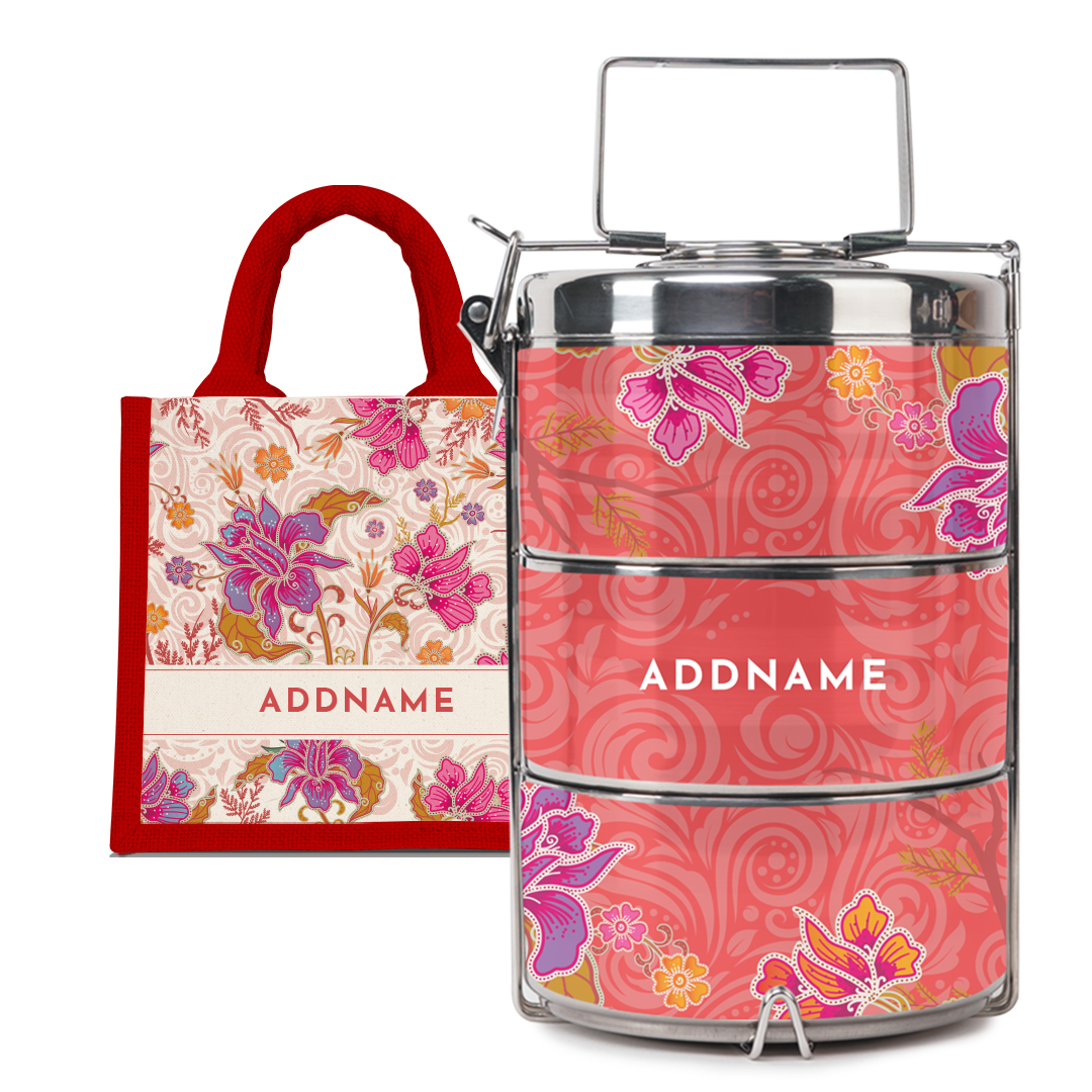 Modern Mahsuri Red - Lunch Tote Bag with Three-Tier Tiffin Carrier