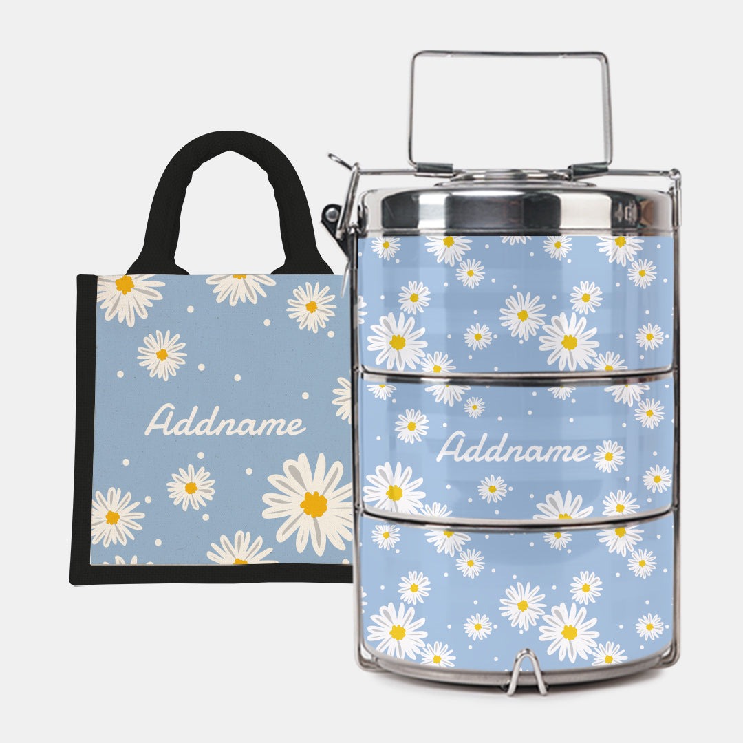 Daisy Series - Frost - Lunch Tote Bag with Three-Tier Tiffin Carrier