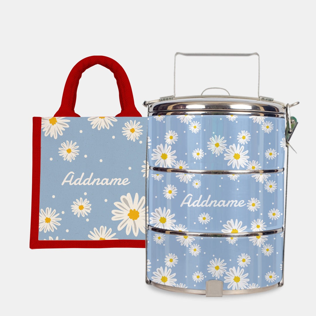 Daisy Series - Frost - Lunch Tote Bag with Three-Tier Tiffin Carrier