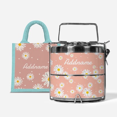 Daisy Series - Coral - Lunch Tote Bag with Two-Tier Tiffin Carrier