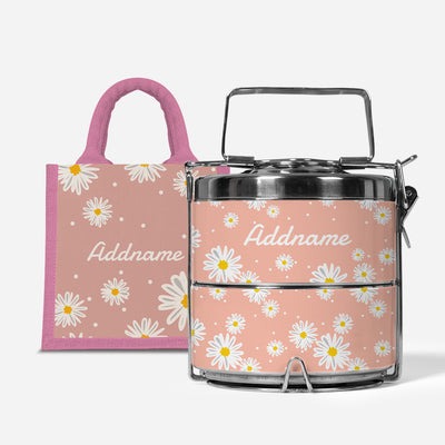 Daisy Series - Coral - Lunch Tote Bag with Two-Tier Tiffin Carrier