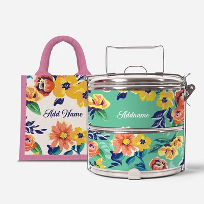 Deborah Series - Teal - Lunch Tote Bag with Two-Tier Tiffin Carrier