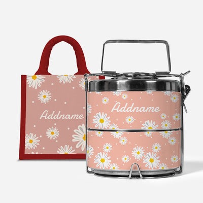 Daisy Series - Coral - Lunch Tote Bag with Two-Tier Tiffin Carrier