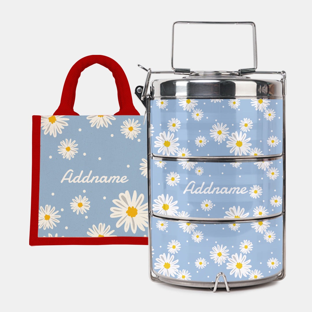 Daisy Series - Frost - Lunch Tote Bag with Three-Tier Tiffin Carrier