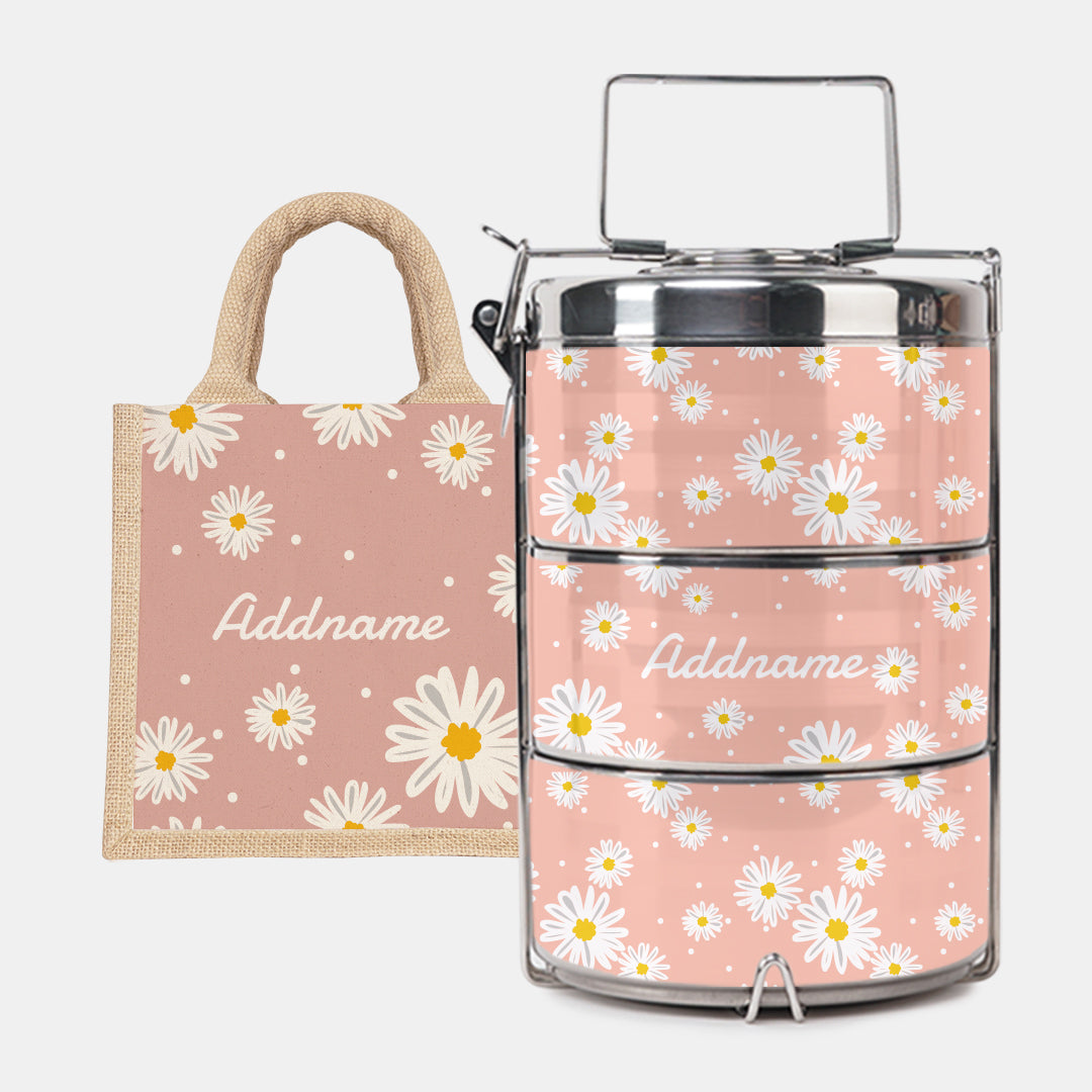 Daisy Series - Coral - Lunch Tote Bag with Three-Tier Tiffin Carrier