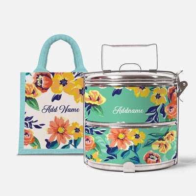 Deborah Series - Teal - Lunch Tote Bag with Two-Tier Tiffin Carrier