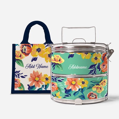 Deborah Series - Teal - Lunch Tote Bag with Two-Tier Tiffin Carrier