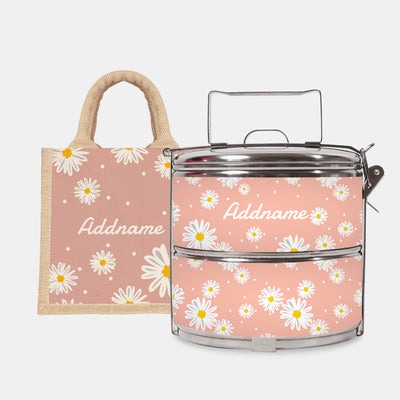 Daisy Series - Coral - Lunch Tote Bag with Two-Tier Tiffin Carrier