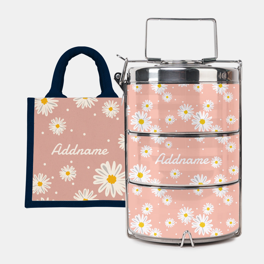 Daisy Series - Coral - Lunch Tote Bag with Three-Tier Tiffin Carrier