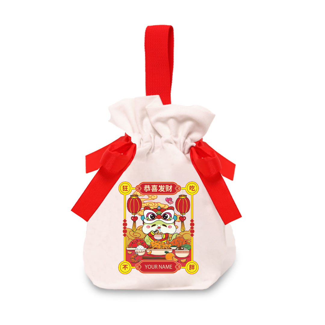 Cny Snake Series Ribbon Pouch - Green Snake With Food