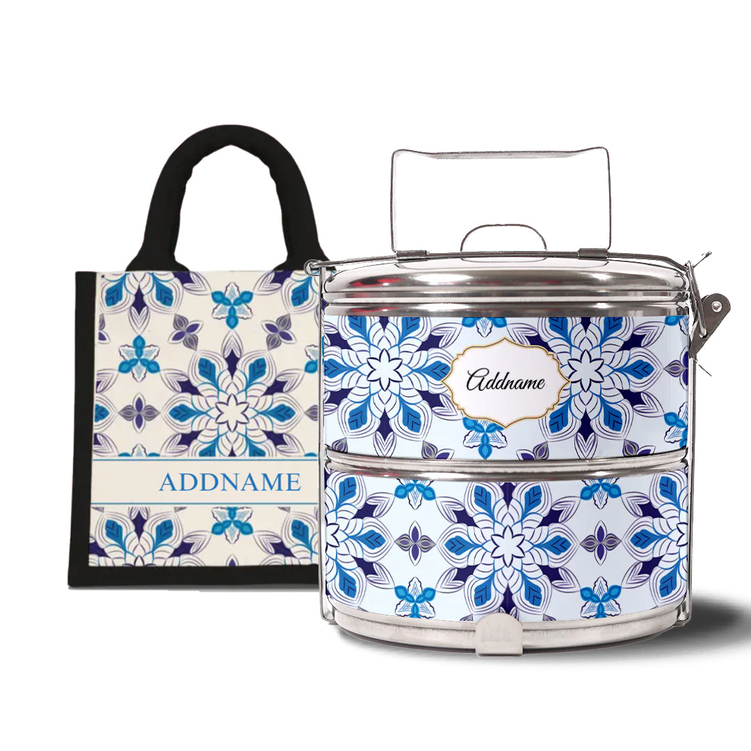 Moroccan Series - Arabesque Frost - Lunch Tote Bag with Two-Tier Tiffin Carrier